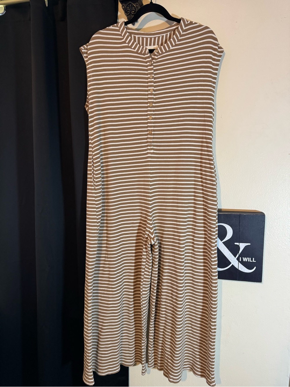 Umgee Brown and White Striped Sleeveless Jumpsuit